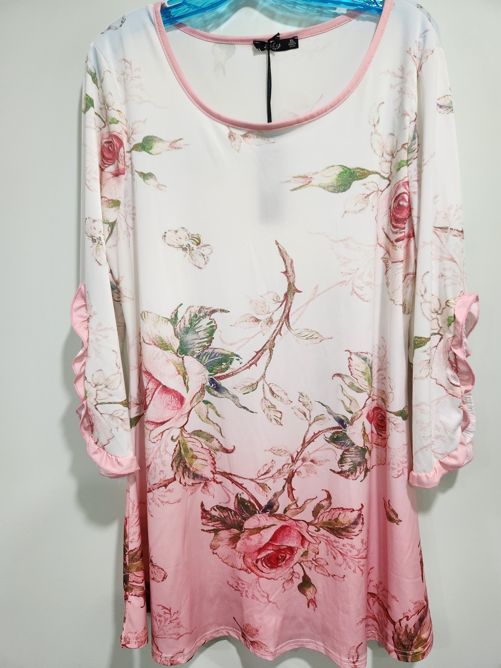 Floral Pink & Cream Sleep Tunic with Ruffle Sleeves